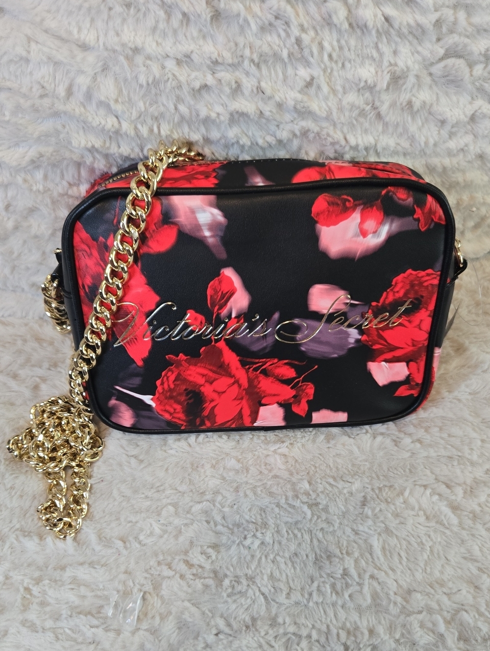 Victoria's Secret Black Floral Crossbody Bag with Gold Chain